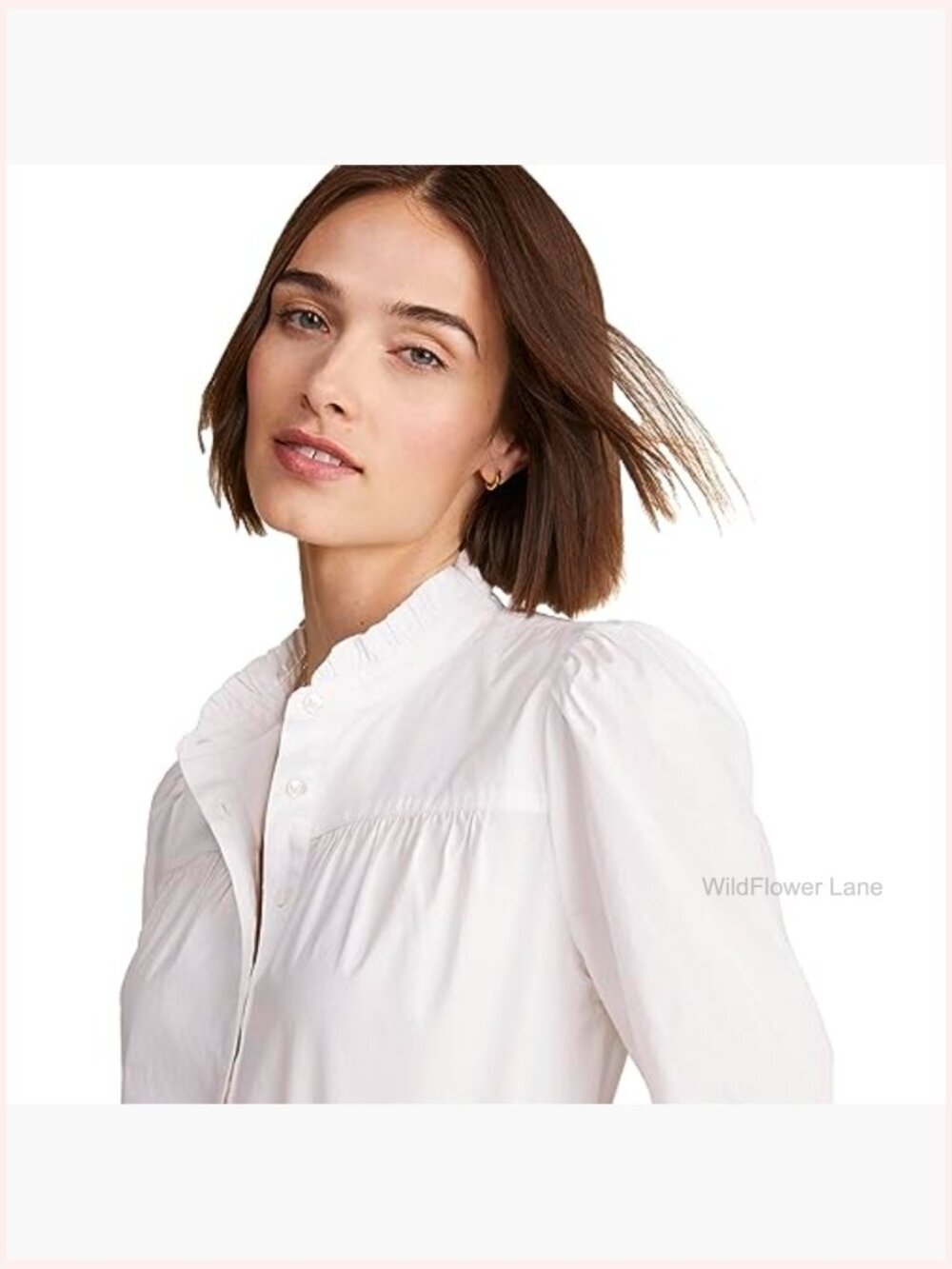 Women's Poplin Ruffle Collar Blouse Button Front Long Sleeve - Picture 3 of 4